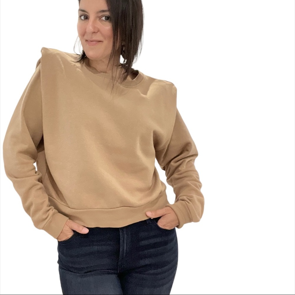 Long Sleeve Tan Color Sweater with Angular Bold Shoulder